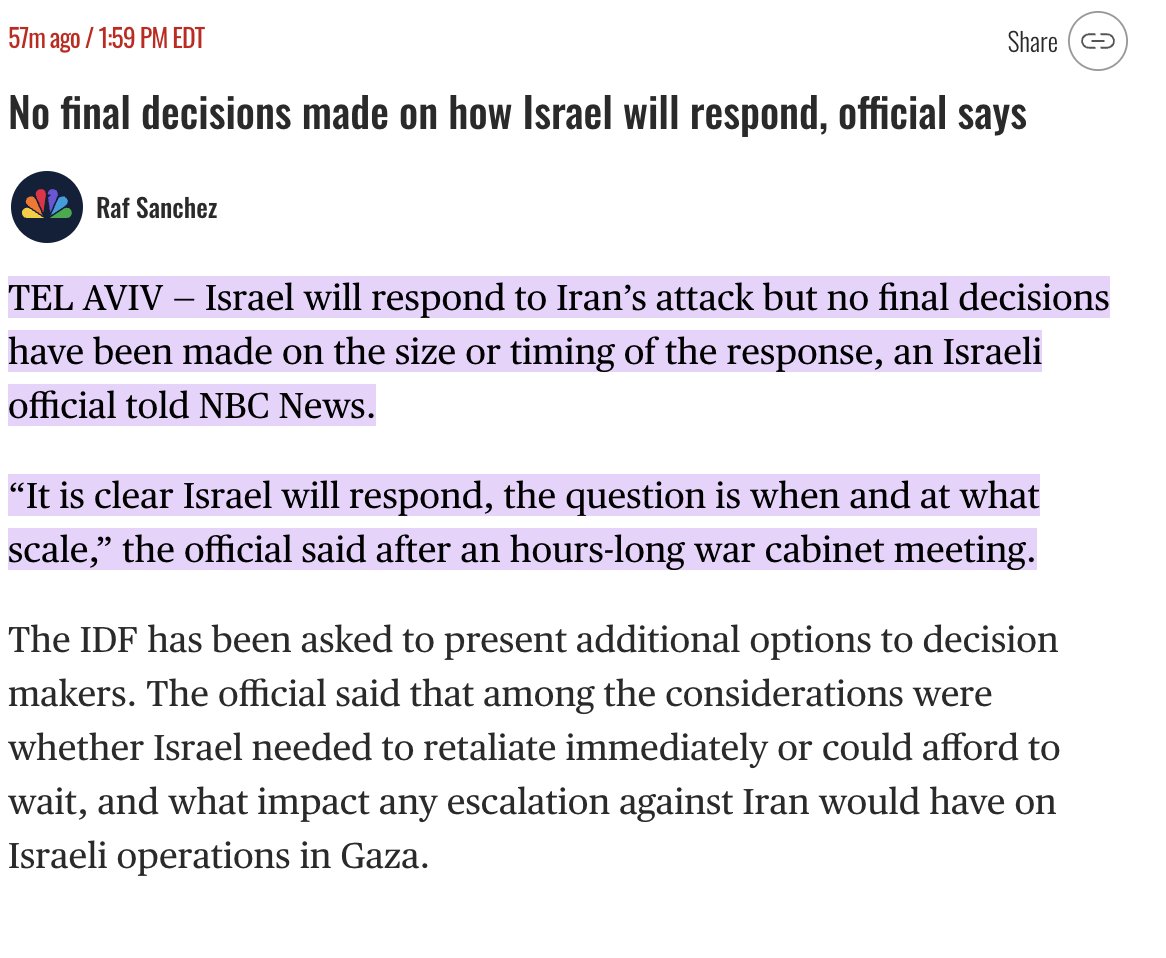 An Israeli official tells NBC: “It is clear #Israel will respond, the question is when and at what scale,” the official said after an hours-long war cabinet meeting.