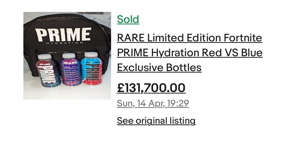 Three Fortnite Red vs Blue PRIME bottles sold on an eBay listing for over $163,000