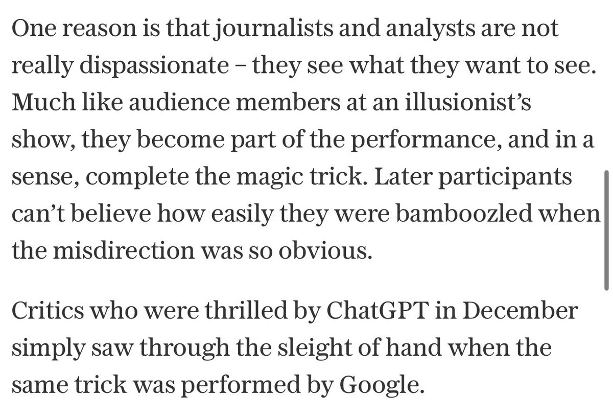 The illusionist analogy (advanced by @GaryMarcus in an excellent Substack post today) has been my go-to explanation for AI for years. The key part: the audience completes the illusion. The insight comes from seeing an audience watch themselves after an illusionist’s show. To be…