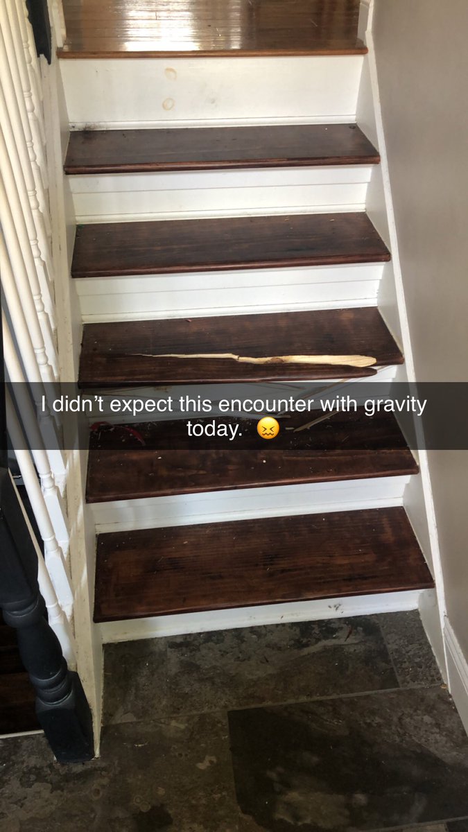 I am not a even remotely a carpenter, but replacing this broken stair tread did not come out anywhere near as badly as I expected.  This was necessitated by an earlier encounter with gravity.

The big lesson: Don’t do stairs in wet feet, folks.

#homeRepairs #diyHackery