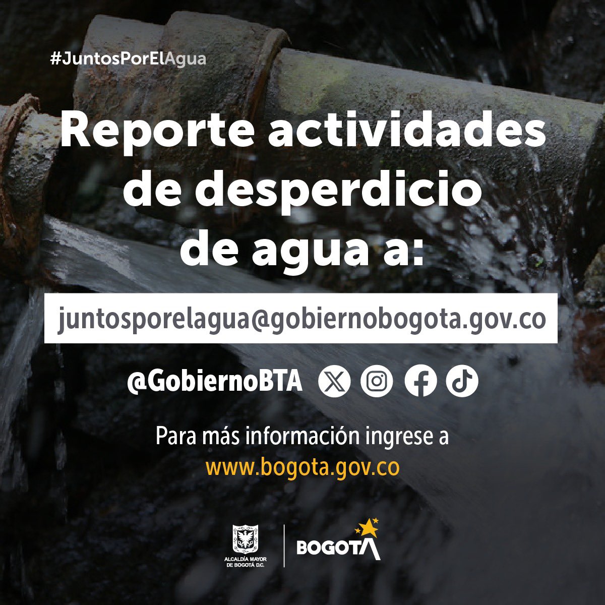 ¡Pilas! Si ve derroche de agua, contaminación de cuerpos de agua como ríos, humedales, canales, lavado de inmuebles en espacio público, entre otras actividades que atenten contra el medioambiente, reporte a bogota.gov.co/mi-ciudad/gobi… #JuntosPorElAgua