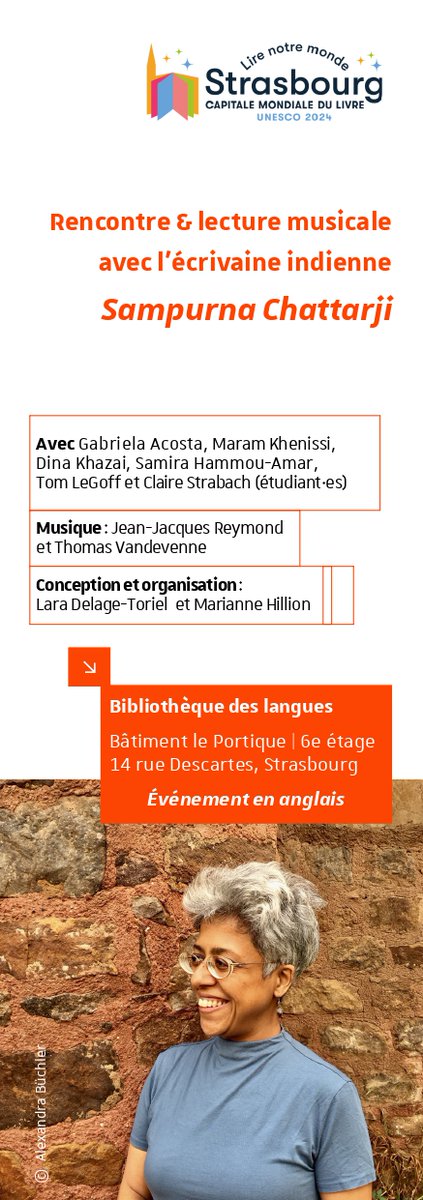 MarianneHillion's tweet photo. Très heureuse d'accueillir Sampurna Chattarji à l'@unistra cette semaine dans le cadre de Strasbourg capitale mondiale du livre pour plusieurs rencontres avec étudiant·es, chercheur·ses, et surtout une lecture musicale-entretien le jeudi 18 avril ✨ https://t.co/QSso5ttBIS