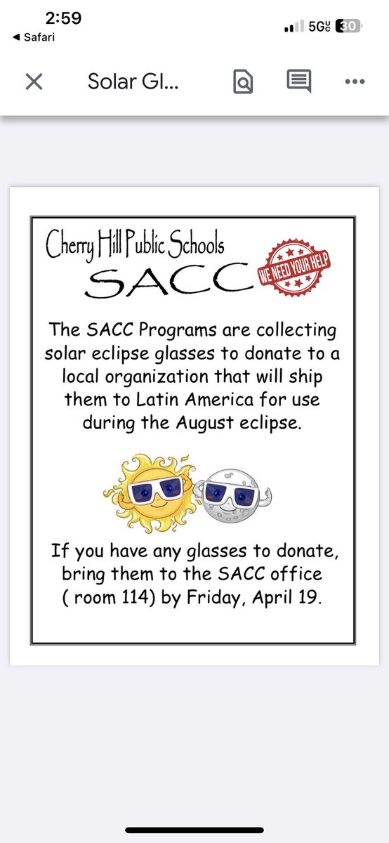 MsLisaJFCooper's tweet photo. Our SACC students are collecting solar eclipse glasses for a great cause. Please view the flyer to learn how donating your glasses can help students in other parts of the world! https://t.co/XYprrCrrdR