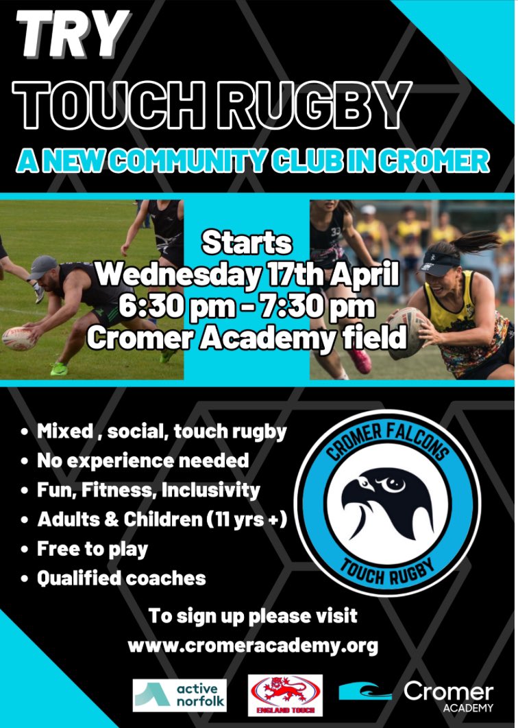 Touch Rugby- A new FREE community club in Cromer starts Wed 17th April at Cromer Academy. Sign up via the link below. cromeracademy.org/806/cromer-fal…
