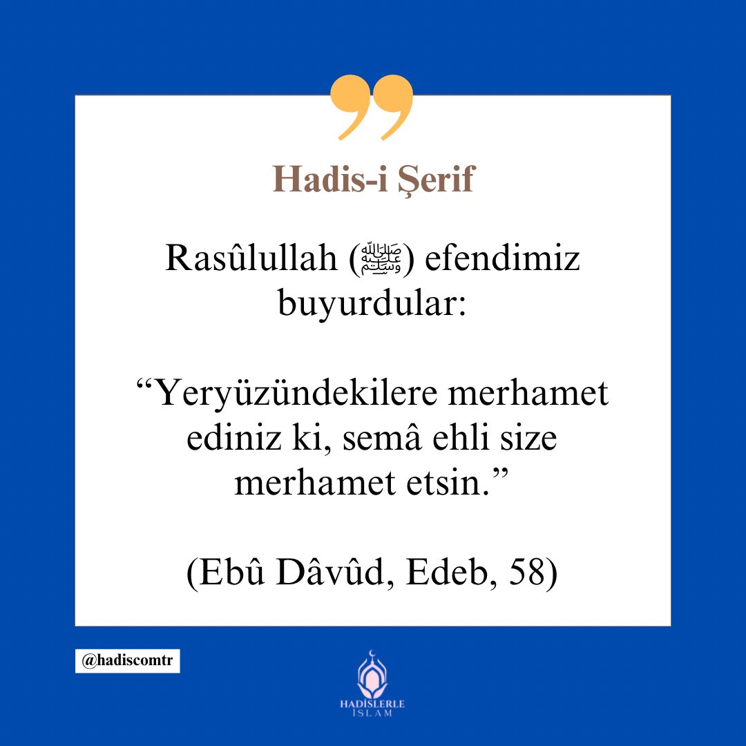 Rasûlullah (ﷺ) efendimiz buyurdular: “Yeryüzündekilere merhamet ediniz ki, semâ ehli size merhamet etsin.” (Ebû Dâvûd, Edeb, 58)