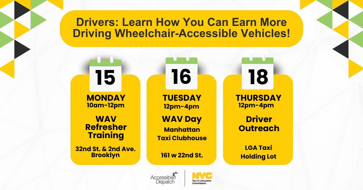 🤝🏻 Have you met our driver trainer Cleveland yet? He attends events citywide to talk to @nyctaxi drivers about Accessible Dispatch! Here is where you can find him this week!