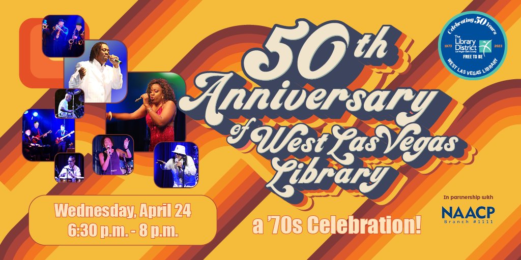 On Wednesday, April 24, join us for an unforgettable evening celebrating 50 years of our #WestLasVegasLibrary during a special '70s-themed party featuring live music performed by #VegasGroove 🕺 💃 🖤! Get all the details: bit.ly/49chEr6 #FreeToBeCaptivated