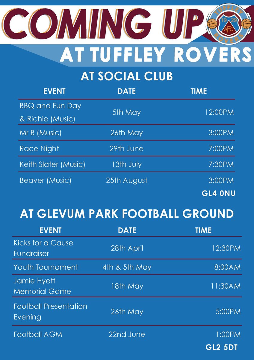 We have a busy couple of months coming up on and off the field at Tuffley Rovers, including our annual youth tournament on 4/5 May 2024.

Here is a list of what’s going on at Glevum Park, as well as our social club on Tuffley Lane: