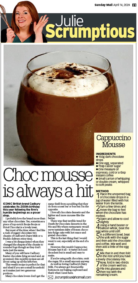 This week's @Sunday_Mail baking column marking 200 years of @CadburyUK - whip up this delicious mousse for the ultimate chocolate hit.