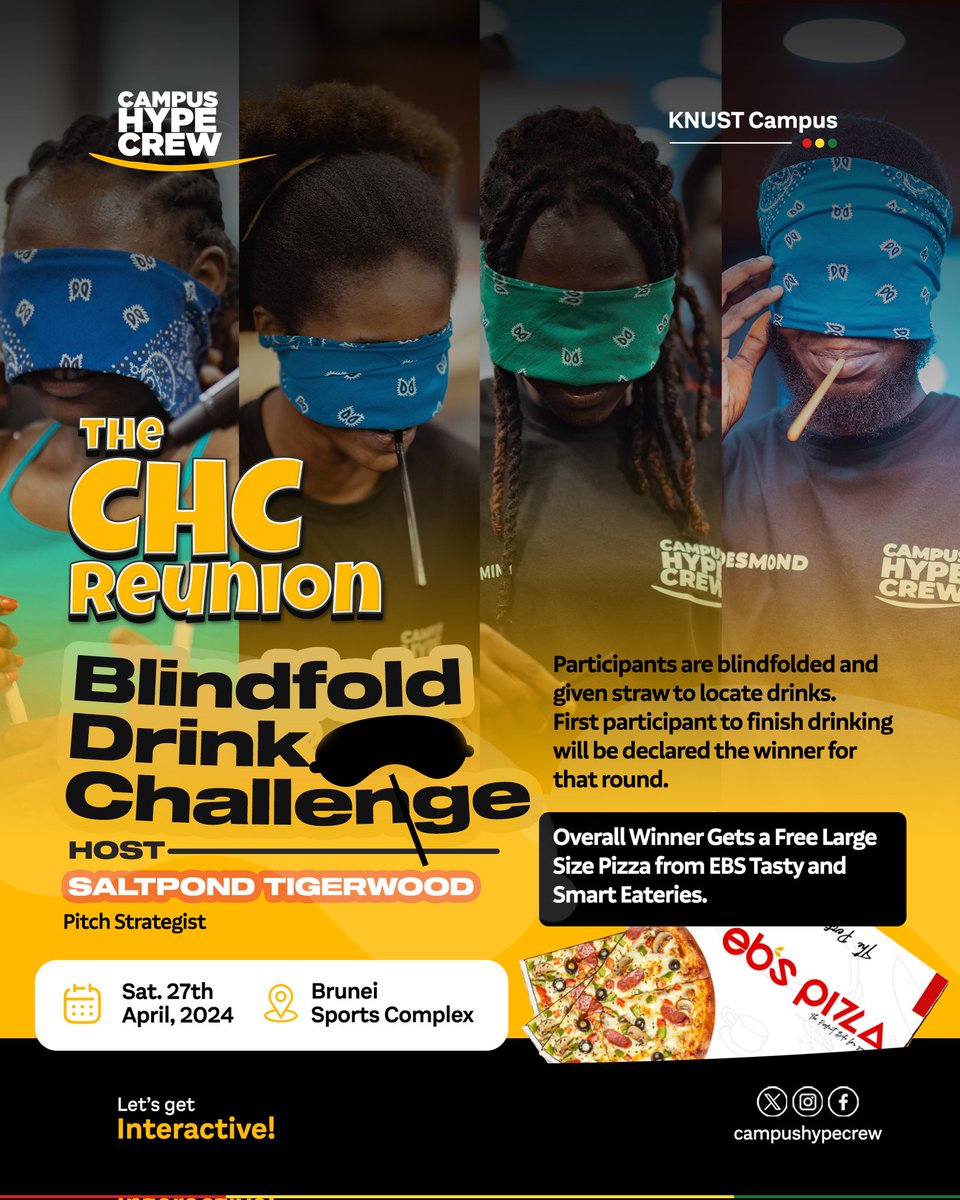 CampusHypeCrew's tweet photo. BLINDFOLD DRINK CHALLENGE🥤
𝙊𝙫𝙚𝙧𝙖𝙡𝙡 𝙒𝙞𝙣𝙣𝙚𝙧 𝙜𝙚𝙩𝙨 𝙖 𝙁𝙍𝙀𝙀 𝙡𝙖𝙧𝙜𝙚 𝙨𝙞𝙯𝙚 𝙥𝙞𝙯𝙯𝙖 𝙛𝙧𝙤𝙢 𝙀𝘽𝙎 𝙏𝙖𝙨𝙩𝙮 𝙖𝙣𝙙 𝙎𝙢𝙖𝙧𝙩 𝙀𝙖𝙩𝙚𝙧𝙞𝙚𝙨.

Host:@Arthurockgh

It's the much anticipated CHC REUNION! Don't miss out.
#TheCHCReunion | #CampusHypeCrew🇬🇭 https://t.co/KJFgDD2c97