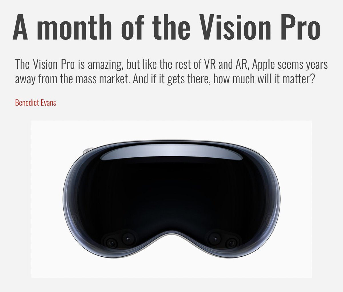 Is the Apple Vision Pro worth it? → ben-evans.com/benedictevans/… Benedict Evans - who has been writing about technology for a while - shares his views on the state and future of that product. Will it ever become a category ?