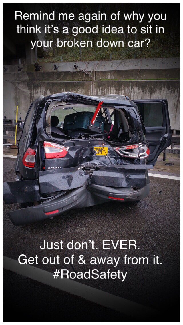 When cars breakdown, it’s stressful. Things like bad weather, cold, and noise may well tempt you to stay in your vehicle, but please - DONT! It’s not worth it. Get away from your vehicle! #RoadSafety