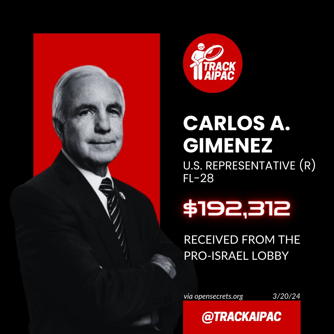 @RepCarlos Carlos Gimenez is in the pocket of the Israel lobby. He has sold himself and the people of #FL28 out to a foreign entity. #RejectAIPAC