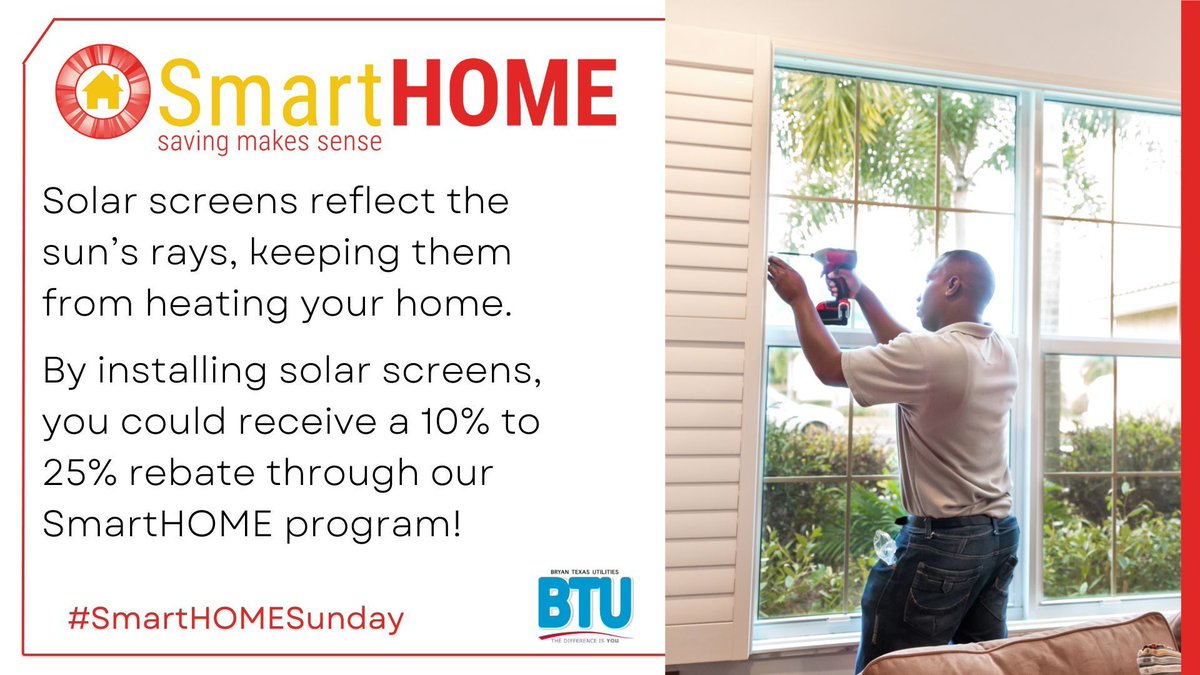 Solar Screens help block the sun's rays to keep them from heating your home. Visit our website to learn more about how you might be eligible for a rebate. buff.ly/3ylgbwS 
#SavingMakesSense