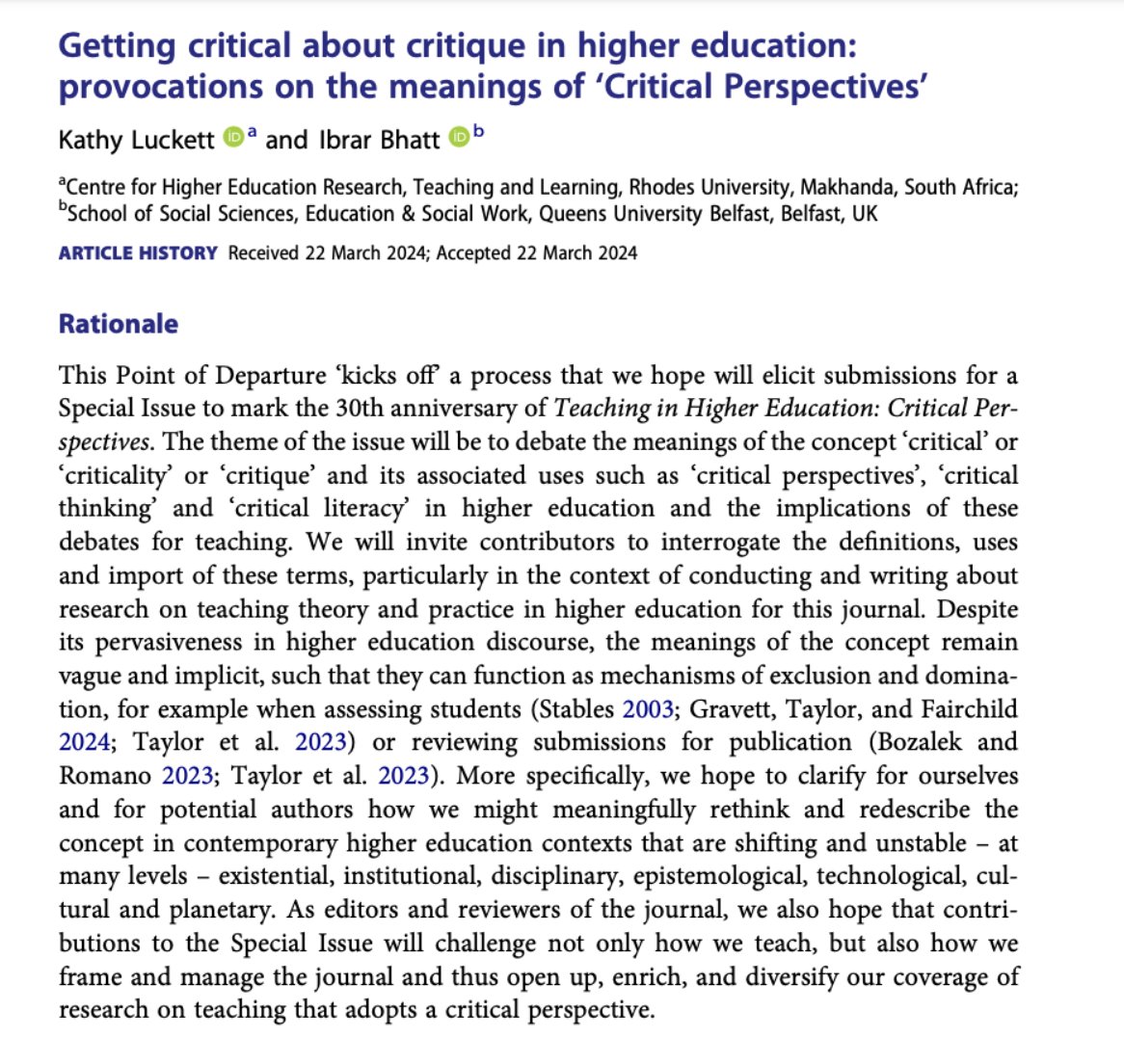 Here's the published version of a new article, Getting Critical about Critique. The work presents provocations to elicit responses for a novel SI of largely of multi-perspectival pieces to explore how concepts like Critique & Criticality are conceptualised doi.org/10.1080/135625…