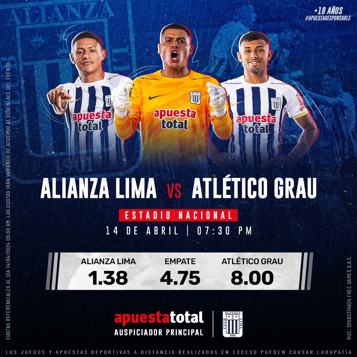 Domingo con la blanquiazul 🤩. 𝗔𝗹𝗶𝗲𝗻𝘁𝗮 𝗮𝗹 𝗲𝗾𝘂𝗶𝗽𝗼 𝗱𝗲𝗹 𝗽𝘂𝗲𝗯𝗹𝗼 en el duelo contra Atlético Grau en el Nacional 🗣️. Y 𝗲𝗻𝘁𝗿𝗮 𝗮 𝗹𝗮 '𝗰𝗮𝗻𝗰𝗵𝗮' 𝗷𝘂𝗴𝗮́𝗻𝗱𝗼𝘁𝗲𝗹𝗮 por los íntimos en @apuestatotalof, 𝗻𝘂𝗲𝘀𝘁𝗿𝗼 𝗮𝘂𝘀𝗽𝗶𝗰𝗶𝗮𝗱𝗼𝗿…