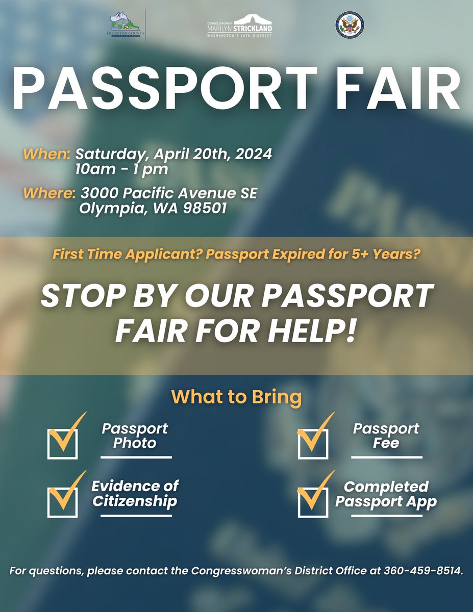 We're hosting a Passport Fair for people seeking first time passports. Join the @TCAuditor, the @CityofSeattle Passport Agency, and my office to get ready for summer travel. Have questions? Call my office at 360-459-8514. Read more: thurstoncountywa.gov/departments/au…