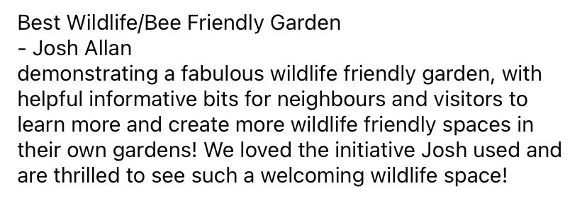 JoshsWildlife's tweet photo. Thank you to @Simpsonsgarden for voting me as having the ��Best Bee Garden of 2023” I was so happy to win &amp; already making more plans to make the garden even better for wildlife this year. 

#beeonboard #wildlifegarden #beefriendly #wildlife #nature https://t.co/nWzH8AyMK7