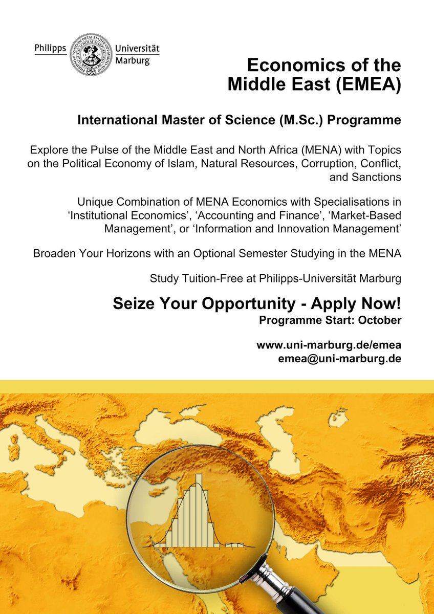 Mohammad Reza Farzanegan (@mr_farzanegan) on Twitter photo 📢The application period for the #MSc programme "#Economics of the #MiddleEast" (#EMEA) <a href="/Uni_MR/">Philipps-Universität</a> has started!
Deadline: 15 July 2024
Start: October 2024
Information: uni-marburg.de/yjtkV
📩 emea@uni-marburg.de
Video clips : uni-marburg.de/mgrcR
#Germany #Marburg 📢The application period for the #MSc programme "#Economics of the #MiddleEast" (#EMEA) <a href="/Uni_MR/">Philipps-Universität</a> has started!
Deadline: 15 July 2024
Start: October 2024
Information: uni-marburg.de/yjtkV
📩 emea@uni-marburg.de
Video clips : uni-marburg.de/mgrcR
#Germany #Marburg