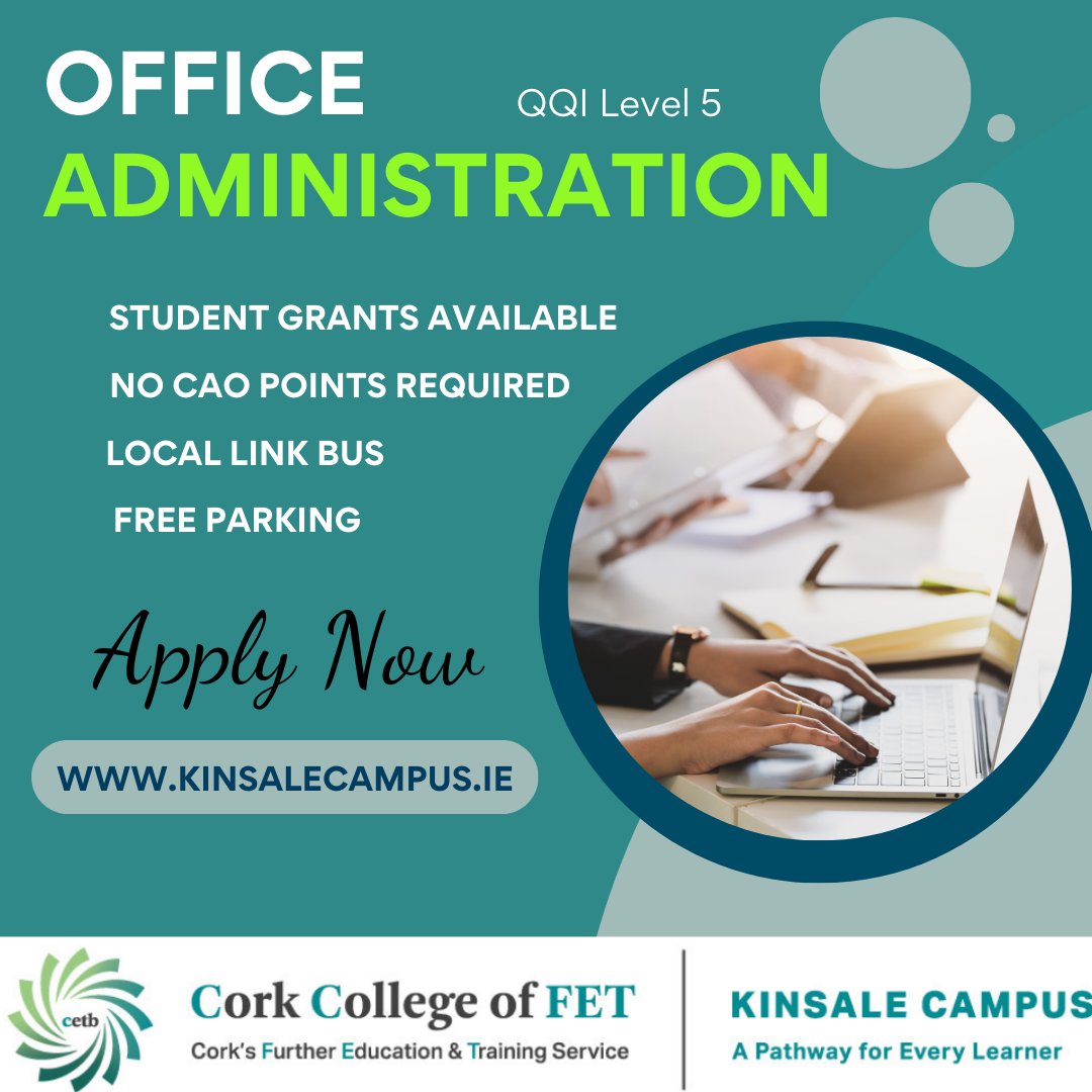 Apply now for our Office Admin course starting September 2024 via kinsalecampus.ie #officeadmin #business #bookkeeping #wordprocessing #socrates #medicaladministration #kinsale #cork #cetb #ccfet