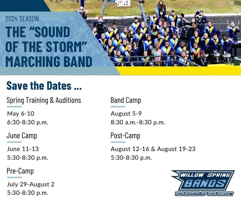 🎶Exciting opportunity for rising 9th graders at Willow Spring High School! Join our award-winning #SoundOfTheStorm Marching Band! All skill levels welcome. Currently playing an instrument not used in marching band, come/learn a new one. Color guard - no experience needed. 🏳️🥁🎺