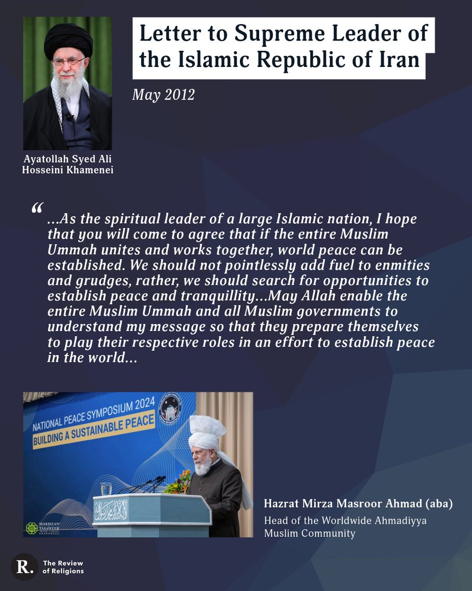 ReviewReligions's tweet photo. A Warning for #WorldWar3...

Read His Holiness, Hazrat Mirza Masroor Ahmad's (aba) FULL letters to world leaders here:

https://t.co/LVhraUqS20

https://t.co/8ci48F6fMv

#WW3 #Iran #Israel https://t.co/EU5eIZh1Nh
