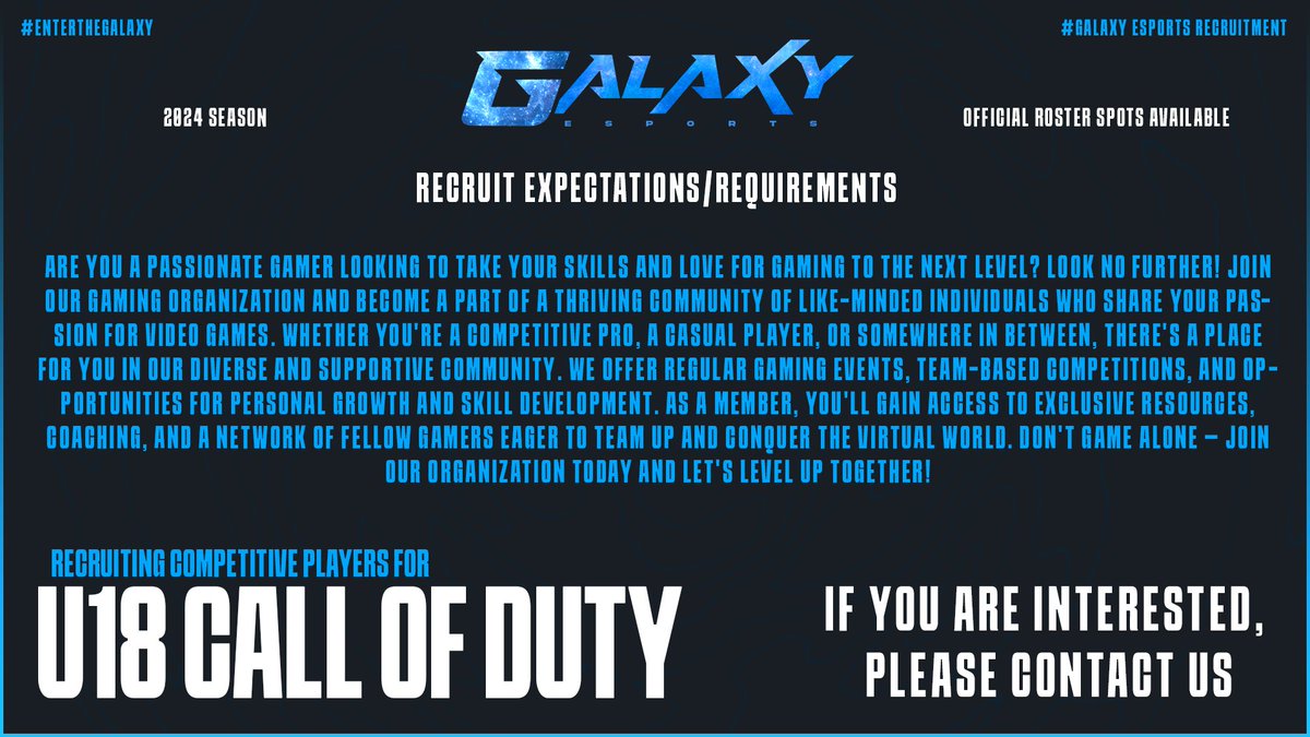 GalaxyGamingLLC's tweet image. We are Recruiting for U18 Call of Duty Players! 
If you know anyone under the age of 18 that has what it takes @ them below this post! "

LIKE &amp;amp; REPOST!!!

#EnterTheGalaxy