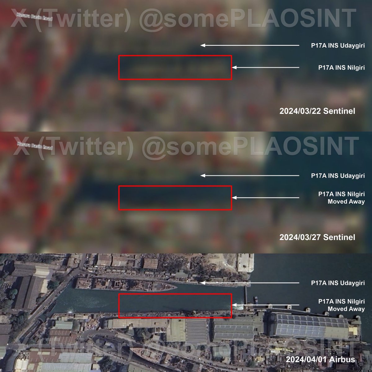 More on P17A, INS Nilgiri’s construction progress, with low resolution Sentinel data, we can see INS Nilgiri moved away from previously moored position between 2024/03/22 - 03/27.

If corroborate with tugboat AIS data we might know where it went.