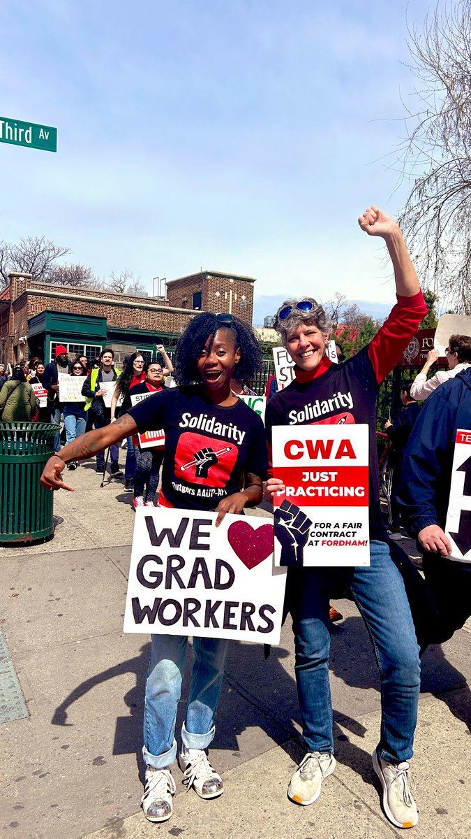Thank you @ruaaup for coming out to support @FordhamGSW @CWADistrict1 members on the picket line - almost exactly 1 year after your historic strike at Rutgers. Solidarity Forever!