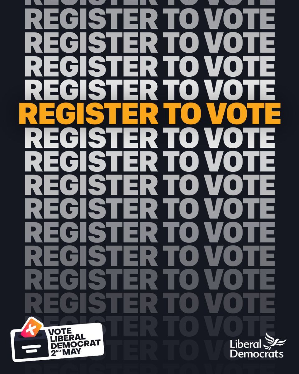 The deadline to register to vote in May's crucial local elections is midnight on Tuesday. 

There's still time to get registered and make sure you can have your say. 

Get all the details and register online NOW ⬇️ 
libdems.org.uk/register-to-vo…