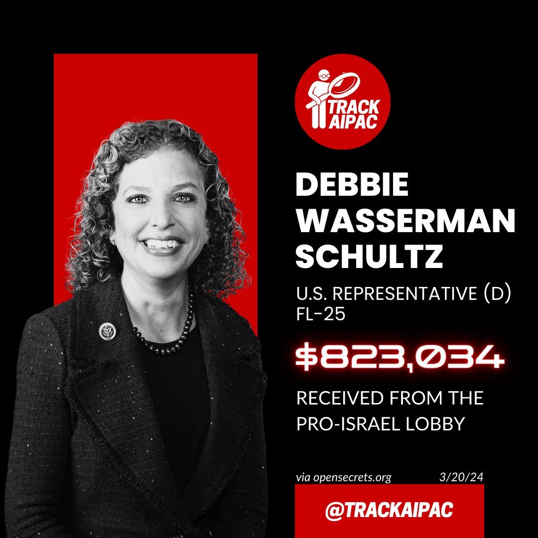 @DWStweets Debbie Wasserman Schultz has received >$823,000 from the Israel lobby and counting! AIPAC says jump and she asks how high.

She has sold herself and the people of #FL25 out to a foreign entity. #RejectAIPAC