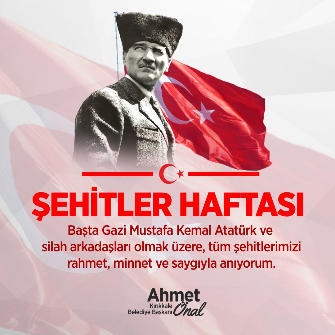 Başta Gazi Mustafa Kemal Atatürk ve silah arkadaşları olmak üzere tüm şehitlerimizi rahmet, minnet ve saygıyla anıyorum.  #ŞehitlerHaftası