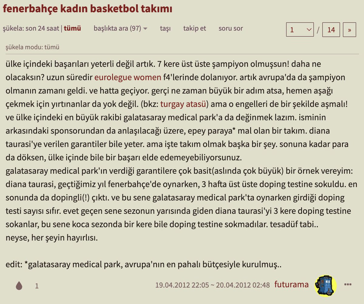 fenerbahçe kadın basketbol takımı (fenerbahçe alagöz) adına en beğenilen entry neymiş diye ekşi sözlük'e bakayım dedim
12 yıl önce yazdığım bu entry çıktı karşıma

yıllar önce de alacaktık da bu şampiyonlukları da neyse..