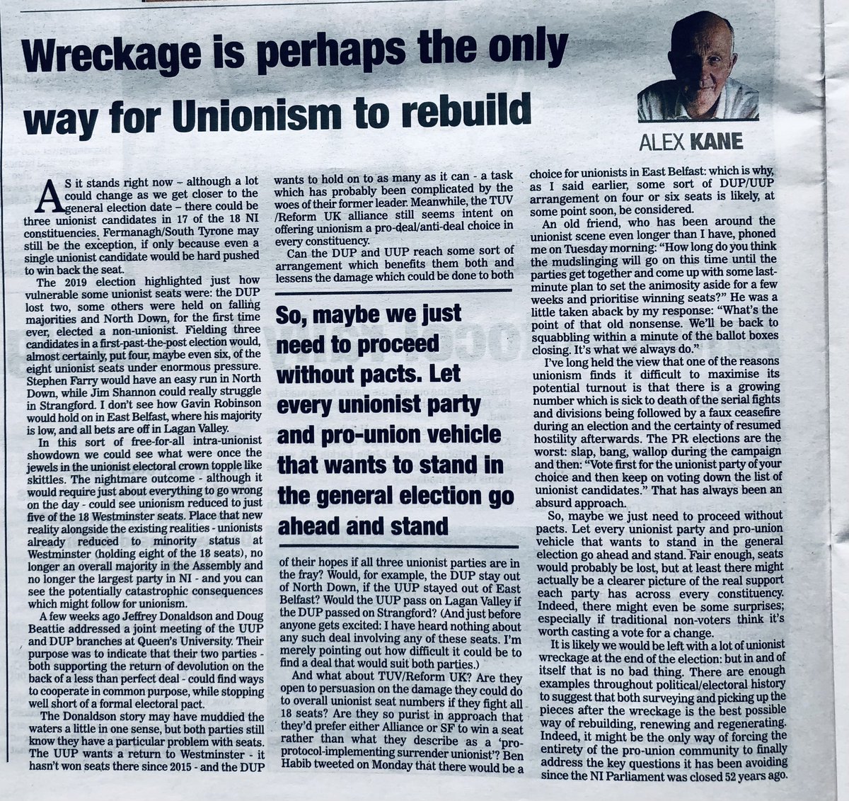 Following on from Jim Allister’s comments on Sunday politics (about standing in every seat) here’s a reminder of a piece I wrote a few days ago about unionist pacts. I’ll be returning to the subject next week.