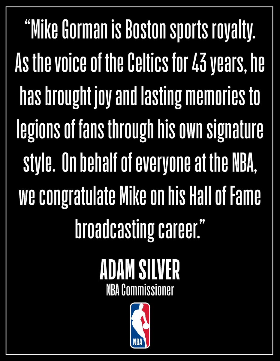 NBA's tweet photo. NBA Commissioner Adam Silver’s statement regarding Boston Celtics play-by-play announcer Mike Gorman: https://t.co/qSZHbQzmxd