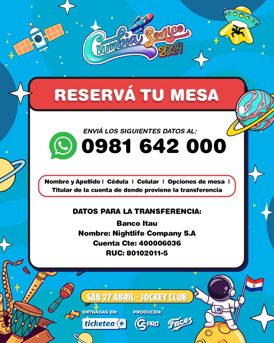 🔥97% AGOTADO de la PREVENTA1️⃣🔥 13 días para la FARRA más CUMBIERA del 🇵🇾 #CUMBIASONICO2024 🚀👩‍🚀 ALTA JODA Y BAILONGO SE NOS VIENE‼️ 👉ÚLTIMAS MESAS al 📲Wa +595981642000 🎟️ Entradas en @ticketeapy y vía web en ticketea.com.py 📅 27 de abril 📍JOCKEY CLUB