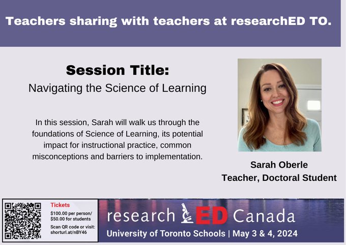 Hands Across the Border: Look Who's Coming to @researchEdCan Toronto (May 3-4/24) - Science of Learning researcher & teacher Sarah Oberle, chair of @researchED_US Delaware (October, 2024). Looking forward to her #SoL presentation  Ty @S_Oberle for your leadership #cdned #ONTed