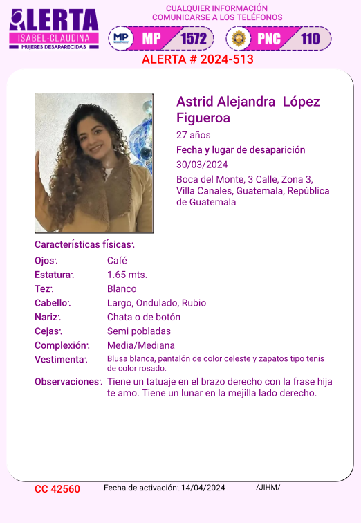 #AlertaIsabelClaudina 🚨 Ayúdenos a encontrar a Astrid Alejandra López Figueroa Desapareció el 30 de marzode 2024 Cualquier información comunicarse al teléfono 📞 1572 Gracias por difundir esta información❗