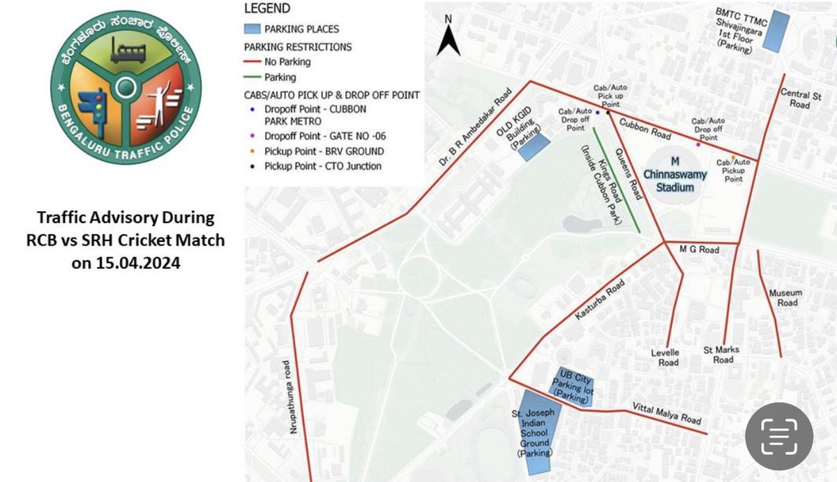 Traffic advisory by Bengaluru Traffic Police in the backdrop of the cricket match from 3 pm to 11 pm on Monday, please note 👇