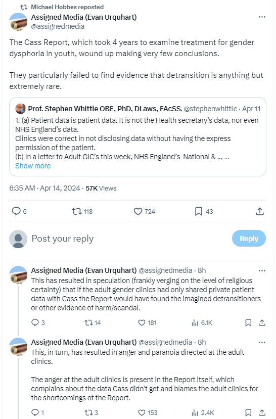 Man, this is just so freaking incompetent and/or dishonest -- I'm not even sure which! They're absolutely making stuff when they claim that anyone was asking patient confidentiality to be violated. A *major* theme in both the Cass Report and Hannah Barnes' book is that GIDS did a…