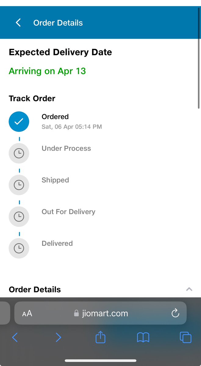 SWAPNILBANSAL3's tweet photo. @JioMart  very bad customer issues related experience 
I placed an order on 6th April and it still says expect to arrive by 13th April but order status is not shipped
Raised two complaints but no response
VERY BAD EXPERIENCE
Today’s snap https://t.co/pZnbWMKYqK