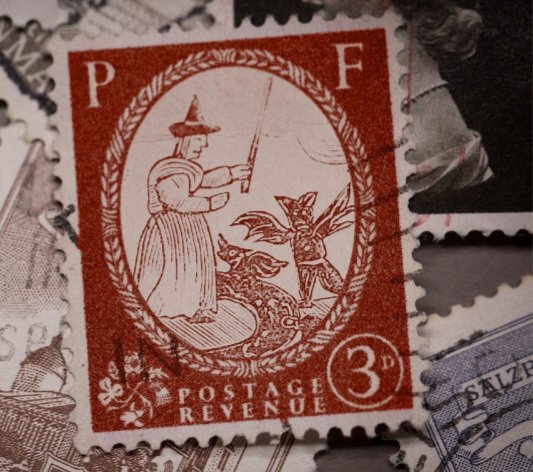 RUBBER STAMPED- Another stamp courtesy of the Stanley Gibbons website and dating from the George VI period showing a woodcut of a 17th century witch. In fact,the series this stamp features in is called exactly that: 17th Century Witch Woodcuts