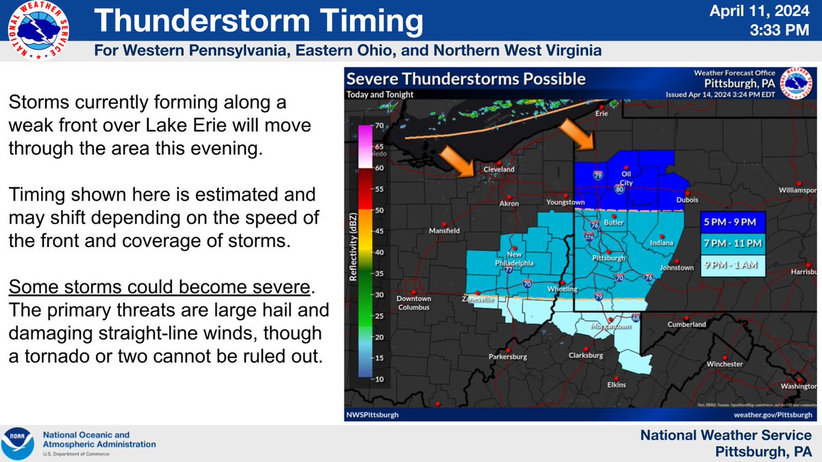 NWSPittsburgh's tweet photo. We're seeing thunderstorms forming over Lake Erie along a weak front that will push through the area this evening. Here's an estimate on timing for storms in the area. Have a plan in place to get to shelter quickly if you are outdoors enjoying the warm weather. #pawx #ohwx #wvwx https://t.co/zcHI0qsONp