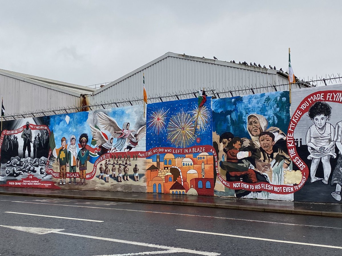 Palestinian wall in #Belfast #Divis ❤️ The images have been designed by Palestinians and sent to artists in Belfast to recreate, helping to keep Palestine in peoples minds #CeasefireNow #FreePalestine
