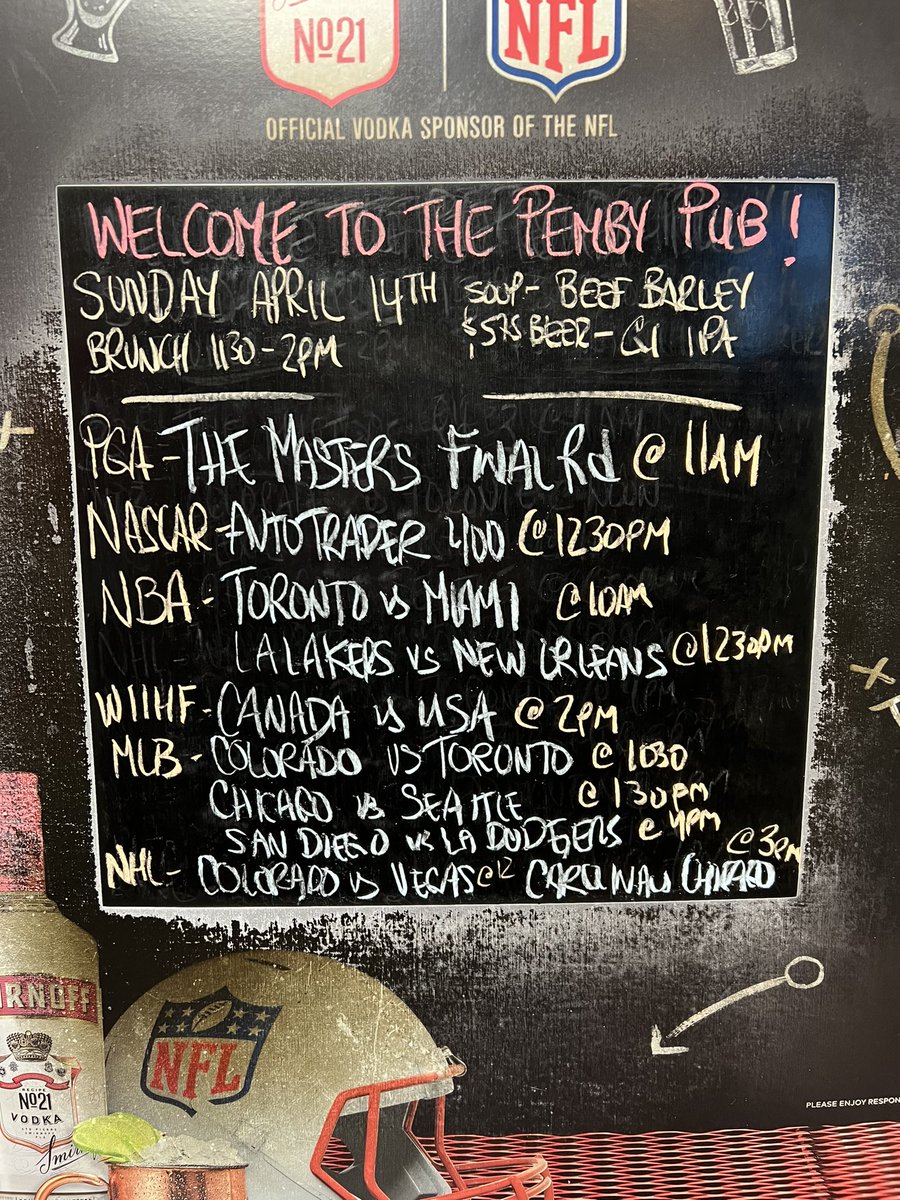 A sunny Sunday at The Pemby. Enjoy our brunch til 2pm. Join us for @PGATOUR #themasters Final Round at 11 am @NBA @MLB with @BlueJays at 10:30am & @Padres vs @Dodgers at 4pm @NASCAR at 12:30pm @NHL at 12:30pm #pembypub #NorthVan #yourteamplaysatthepemby