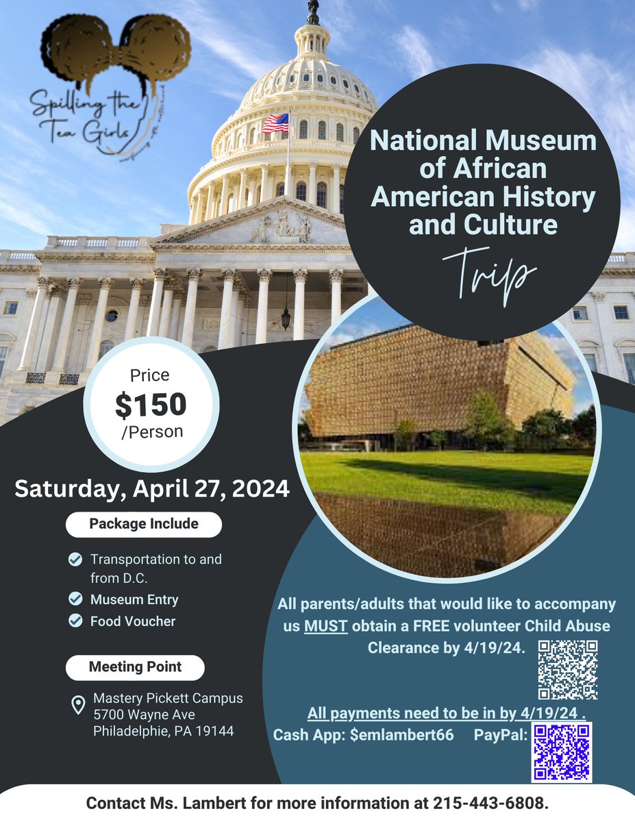 truewayyef's tweet photo. True Way Spilling the Tea Girls Mentoring group is hosting a trip to the NMAAHC in Washington, D. C. We would love for some Philly famous to champion a Tea Girl by becoming a sponsor. Several of our girls need support to enjoy this experience.  Contact  truewayyef@gmail.com https://t.co/x0mYKOHgzD