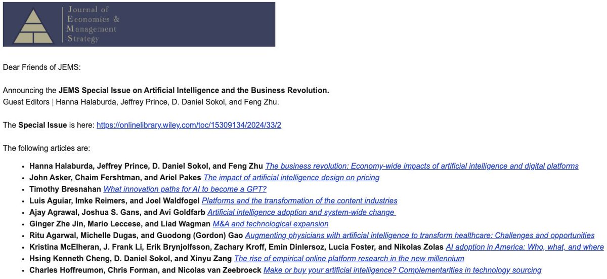 Hanna Halaburda (@hannahalaburda) on Twitter photo Great line-up in the special issue of JEMS! We managed to get <a href="/JWaldfogel/">Joel Waldfogel</a>, <a href="/timobres/">Tim Bresnahan</a>, <a href="/joshgans/">Joshua Gans</a>, <a href="/avicgoldfarb/">Avi Goldfarb</a>, @k_mcelheran, <a href="/erikbryn/">Erik Brynjolfsson</a> and many other awesome authors in the same issue! Great line-up in the special issue of JEMS! We managed to get <a href="/JWaldfogel/">Joel Waldfogel</a>, <a href="/timobres/">Tim Bresnahan</a>, <a href="/joshgans/">Joshua Gans</a>, <a href="/avicgoldfarb/">Avi Goldfarb</a>, @k_mcelheran, <a href="/erikbryn/">Erik Brynjolfsson</a> and many other awesome authors in the same issue!