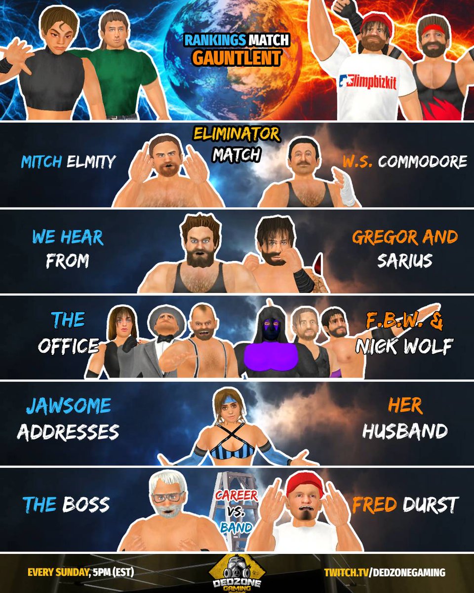 DedZoneGaming's tweet photo. TONIGHT, DZPW OVERCHOUGED IS NUTS! WE HAVE A LADDER MATCH TO SEE IF BOSS HAS TO JOIN LIMP BIZKIT, AND A BRAND NEW TAG TEAM!

BE THERE OR I WILL COME TO YOUR HOUSE AND MAKE YOU COME!

#twitch 
https://t.co/JlOhCPIMt4 https://t.co/DvQnOd2bJ4