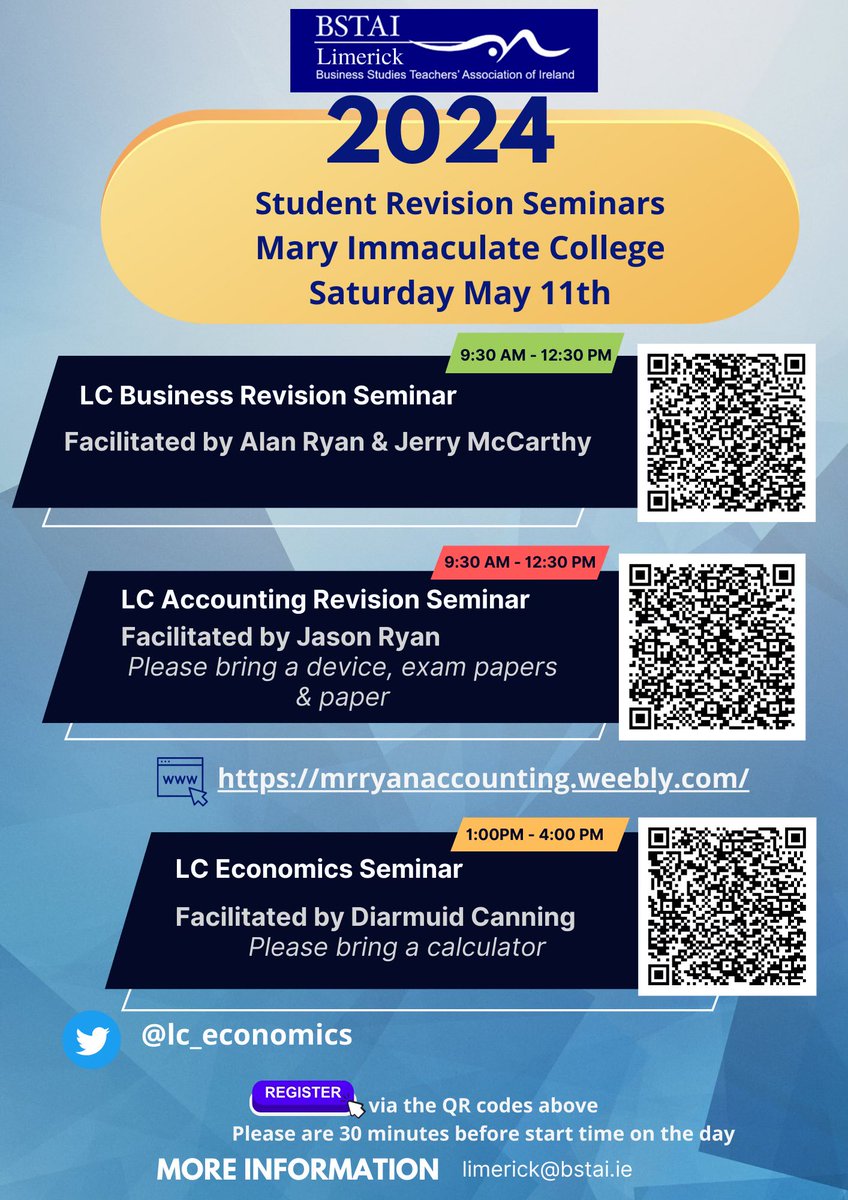 Less than a week until the @bstaidublin revision series in UCD and the following week @BSTAIGalway in UG. Then on to @BSTAI_Limerick in Mary I on 11 May. #lceconomics