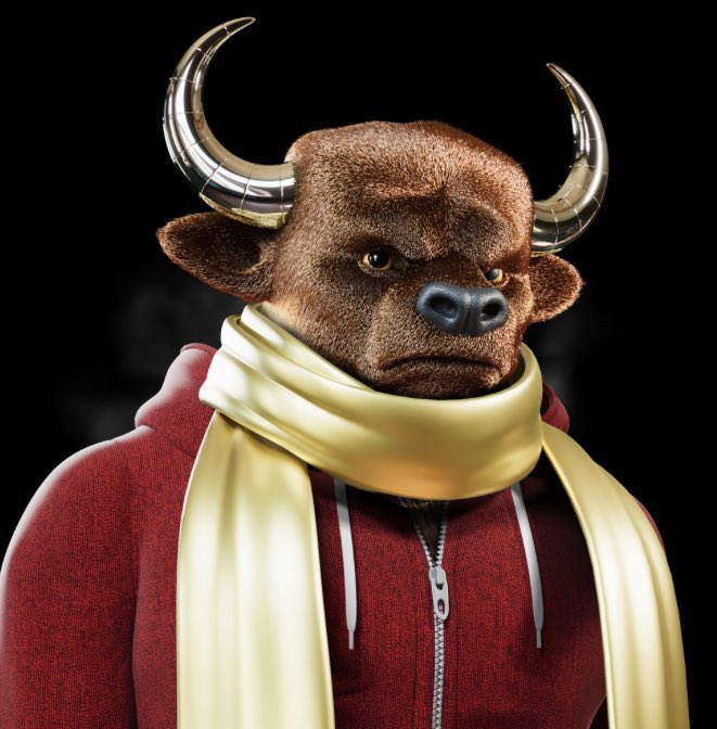 GM Treated Myself To #YUGE BIRTHDAY PRESENT! Have A Great Day Today! This Dapper Beast Means Business! Red Huddie Gold Scarf Red Shine Fur Silver Horns Powerful @bearandbullnft